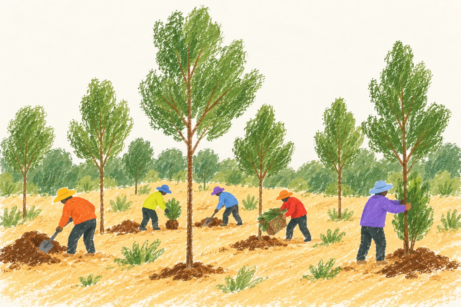 蜡笔手绘插画：人们一起挖坑、搬运苗木和栽树